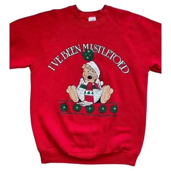 Vintage 90s Fruit of the Loom Christmas Sweater Crewneck Sweatshirt Mistletoed L - Picture 3 of 9